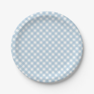pastelblauwe geruite verjaardagsservetten voor de  papieren bordje