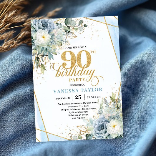 Pastelblauwe gouden groene luxe script 90 verjaard kaart