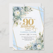 Pastelblauwe gouden groene luxe script 90 verjaard kaart (Voorkant)