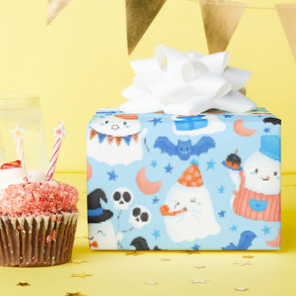 Pastelblauwe griezelig cute verjaardag allover pat cadeaupapier
