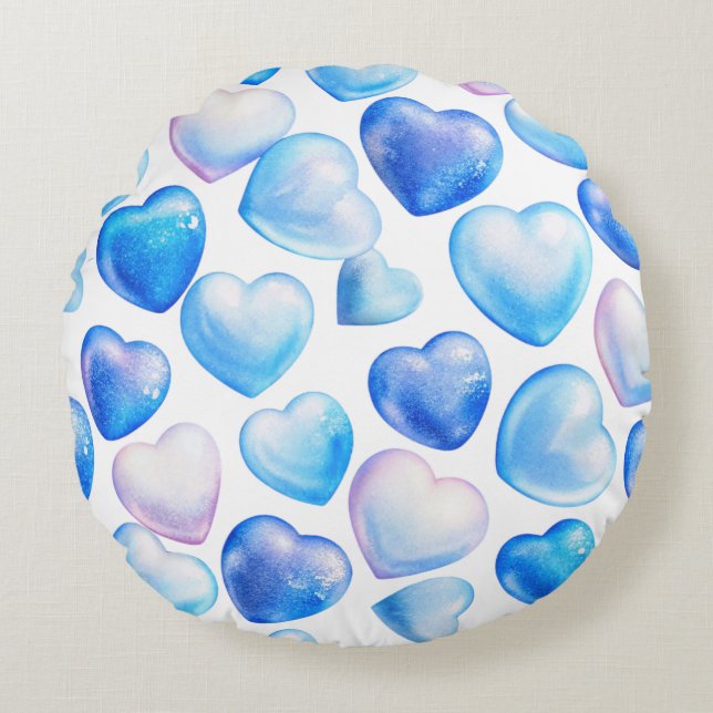 Pastelblauwe Hartjes Ronde Kussen (Voorkant)