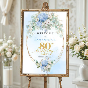 Pastelblauwe Hortensia Bloemen 80ste verjaardag we Poster