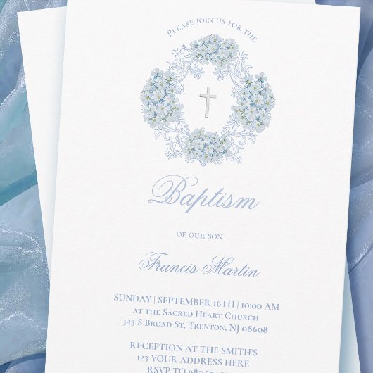 pastelblauwe hortensia krans Doop Kaart