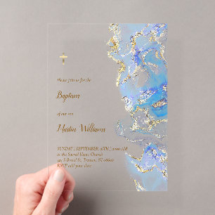 pastelblauwe marmeren Doop Acryl Uitnodigingen