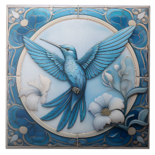 Pastelblauwe namaak reliëf Art Nouveau Kolibrie L Tegeltje
