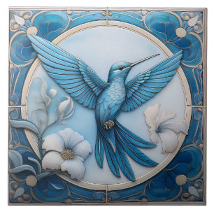 Pastelblauwe namaak reliëf Art Nouveau Kolibrie R Tegeltje