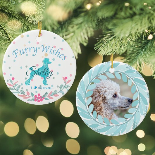 Pastelblauwe Poodle - Aangepaste Foto & Naam Keramisch Ornament