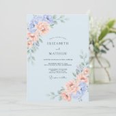 Pastelblauwe Romantische Bloemenbruiloft Kaart (Staand voorkant)