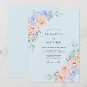 Pastelblauwe Romantische Bloemenbruiloft Kaart (Voorkant / Achterkant)