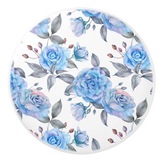 Pastelblauwe rozen keramische knop (Voorkant)