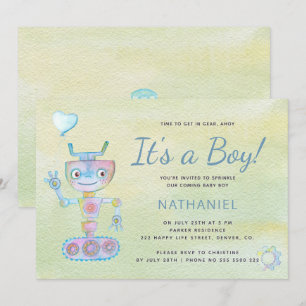 Pastelblauwe schattige robot het is een jongen bab kaart