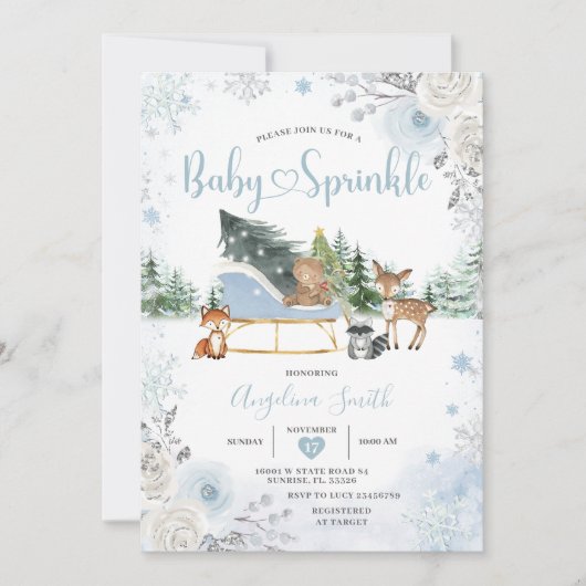 Pastelblauwe slee winterdieren baby sprinkle kaart (Voorkant)
