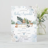 Pastelblauwe slee winterdieren baby sprinkle kaart (Staand voorkant)
