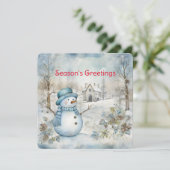 Pastelblauwe Sneeuwman en Oude Kerk Winter Scène Feestdagenkaart (Staand voorkant)