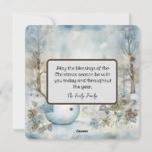 Pastelblauwe Sneeuwman en Oude Kerk Winter Scène Feestdagenkaart (Achterkant)