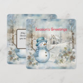 Pastelblauwe Sneeuwman en Oude Kerk Winter Scène Feestdagenkaart (Voorkant / Achterkant)