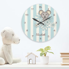 Pastelblauwe streep Cute Koala-kinderkamer Grote Klok