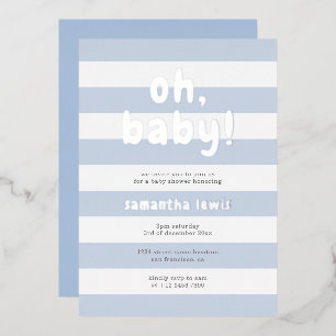 Pastelblauwe Strepen Oh Baby Boy Shower Zilver Folie Uitnodiging