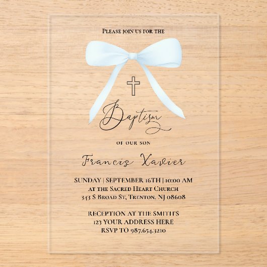 pastelblauwe strik | doop acryl uitnodigingen (Voorkant)