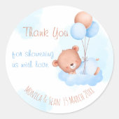Pastelblauwe teddybeer waterverf baby shower ronde sticker (Voorkant)