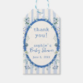 Pastelblauwe vintage gestreepte tuin baby shower cadeaulabel (Voorkant)