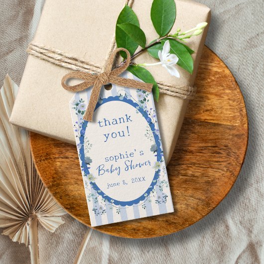 Pastelblauwe vintage gestreepte tuin baby shower cadeaulabel