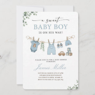 Pastelblauwe waslijn baby jongen shower uitnodigin kaart