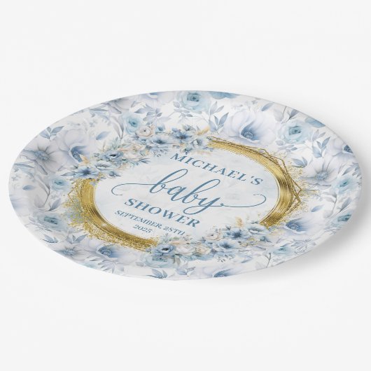  pastelblauwe waterverf bloemen gouden douche papieren bordje (Gekanteld)