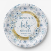  pastelblauwe waterverf bloemen gouden douche papieren bordje (Voorkant)