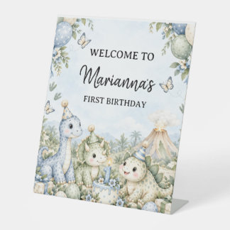 Pastelblauwe Waterverf Dinosaurus 1e Verjaardag Reclamebord Met Voetstuk