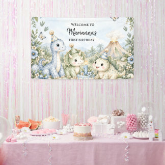 Pastelblauwe waterverf dinosaurus 1e verjaardag spandoek