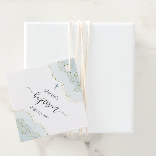 pastelblauwe waterverf | faux gouden glitter Doop Bedankjes Labels (In situ)