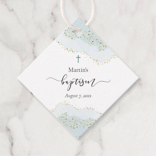 pastelblauwe waterverf | faux gouden glitter Doop Bedankjes Labels (Voorkant)