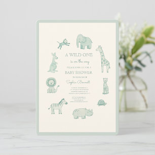 Pastelblauwe Waterverf Safari Dieren Baby Shower Kaart