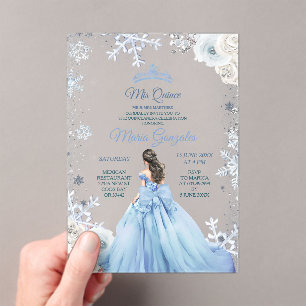 Pastelblauwe Winter Sneeuw Bloemige Prinses Mis Qu Acryl Uitnodigingen