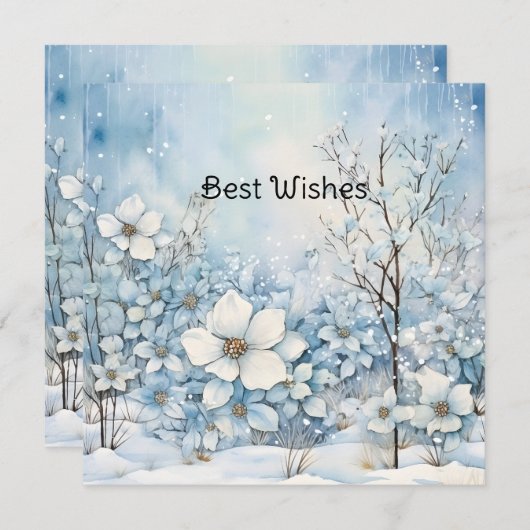 Pastelblauwe Winterbloemen Kerstmis Feestdagenkaart (Voorkant / Achterkant)