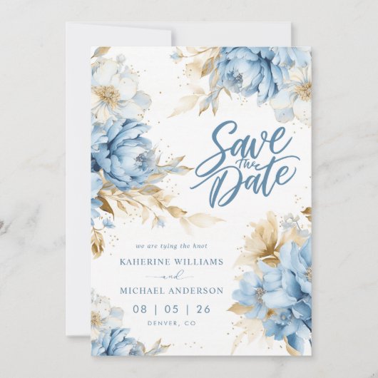 Pastelblauwe witte bloem save-the-date uitnodiging (Voorkant)