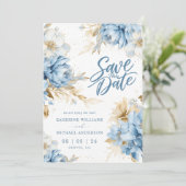 Pastelblauwe witte bloem save-the-date uitnodiging (Staand voorkant)