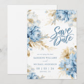Pastelblauwe witte bloem save-the-date uitnodiging (Voorkant / Achterkant)