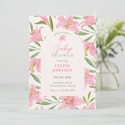 Pastelbloem bloei lelie roze groen baby shower kaart (Staand voorkant)