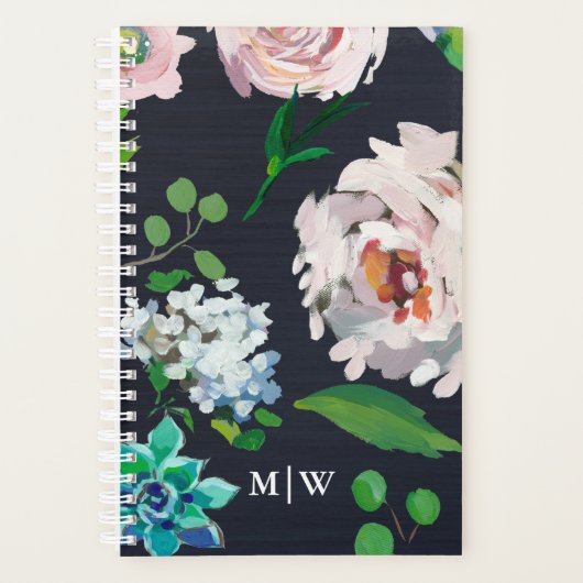  Pastelbloem Bloeit Op Zwart Met Monogram Planner (Voorkant)