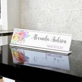 Pastelbloem Waterverf roze Paarse geel Bureau Naambordje