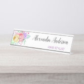 Pastelbloem Waterverf roze Paarse geel Bureau Naambordje (Voorkant)