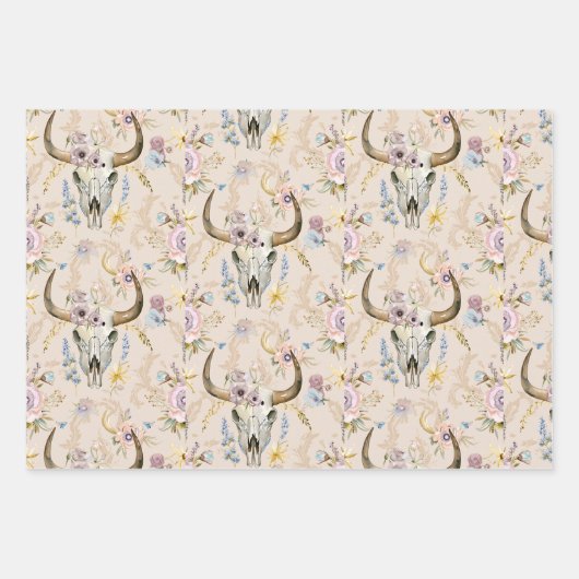 Pastelbloem Westerne Koe schedel Inpakpapier Vel (Voorkant 3)