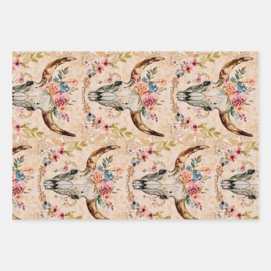 Pastelbloem Westerne Koe schedel Inpakpapier Vel (Voorkant 2)