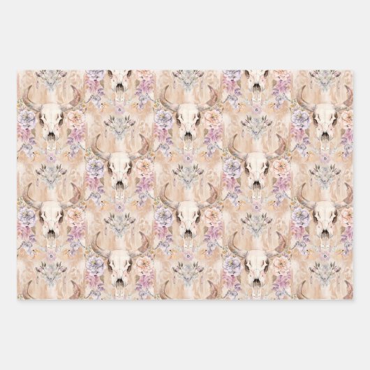 Pastelbloem Westerne Koe schedel Inpakpapier Vel (Voorkant)