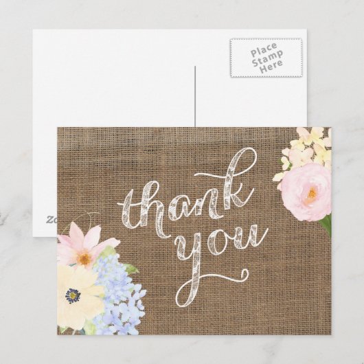 Pastelbloemen Bedankt kaart, Burlap kant geel Briefkaart (Voorkant / Achterkant)