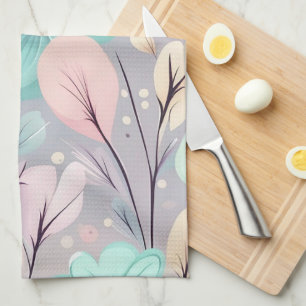 Pastelbloemen en bladeren op Paarse achtergrond Theedoek
