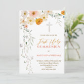 Pastelbloemen en groene Eerste Heilige Communie Kaart (Staand voorkant)