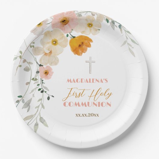 Pastelbloemen en groene Eerste Heilige Communie Papieren Bordje (Voorkant)